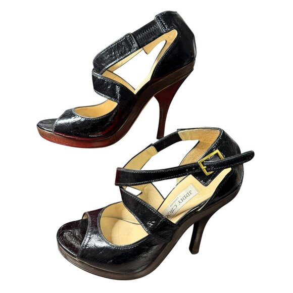 Jimmy Choo Black Patent Leather Open-Toe High Heel Sandals‎ Womens 37.5/8.5 - Picture 1 of 16